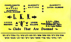 Kedzie and Armitage Latin King leader card - Watusi - late 1970s